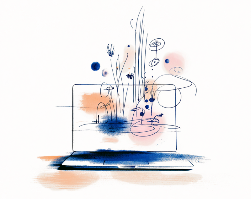 Abstract illustration showing a laptop with organic ink strokes and watercolor washes, representing the intersection of structure and expression in design